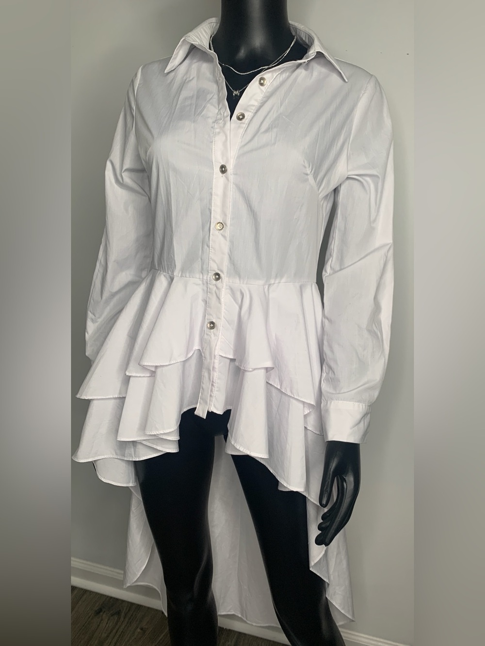 White Ruffled High-Low Button-Down Shirt - Picture 4 of 7